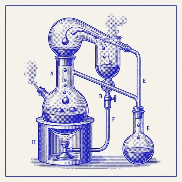 Engraved alchemical alembic, blue halftone on paper.