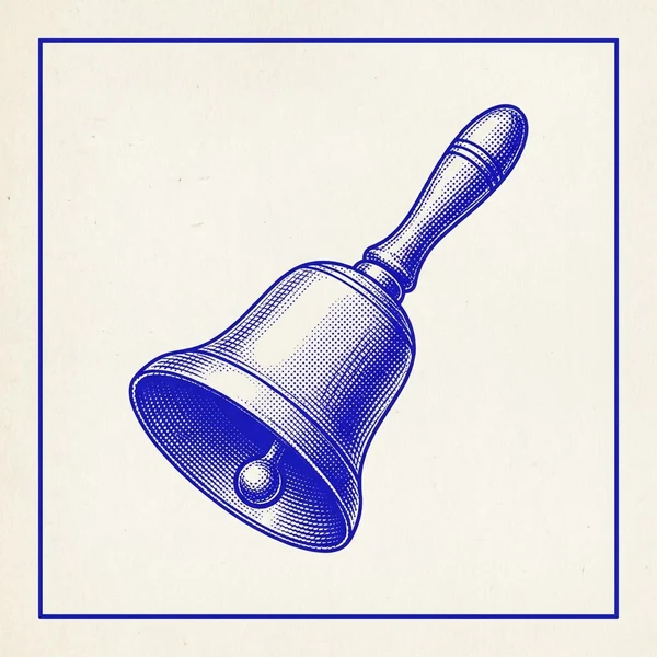 Engraved hand bell, blue halftone on paper.