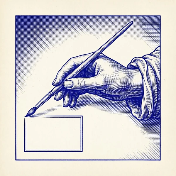 Engraved hand holding a paint brush, blue halftone on paper.