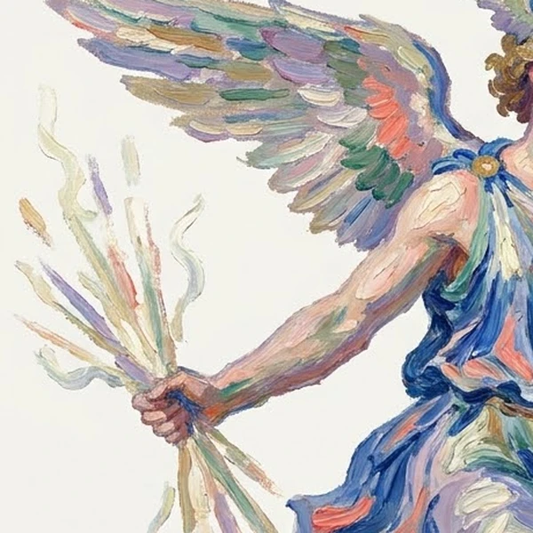 Detail of the winged herald rendered in thick Monet-style oil paint, the finished half of the split portrait.