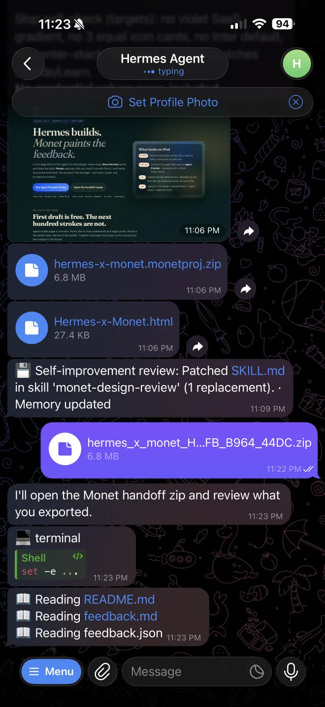 A Telegram conversation with Hermes Agent sending a Monet project attachment and receiving a Handoff Pack in return.