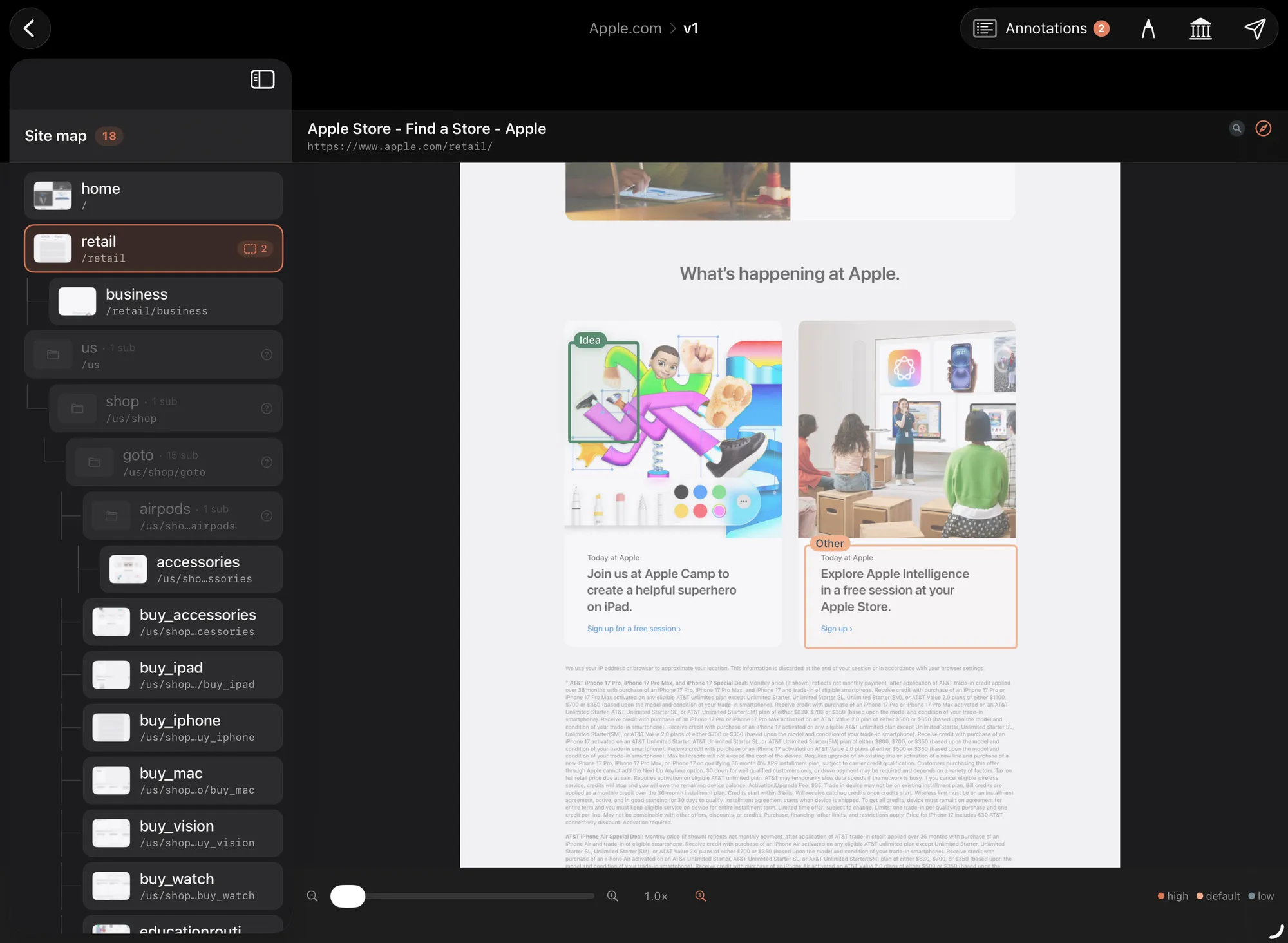 Monet's three-pane annotator on iPad: a site map on the left, the Apple retail page in the center with a green Idea box and a coral Other box, and a two-item annotation list on the right.