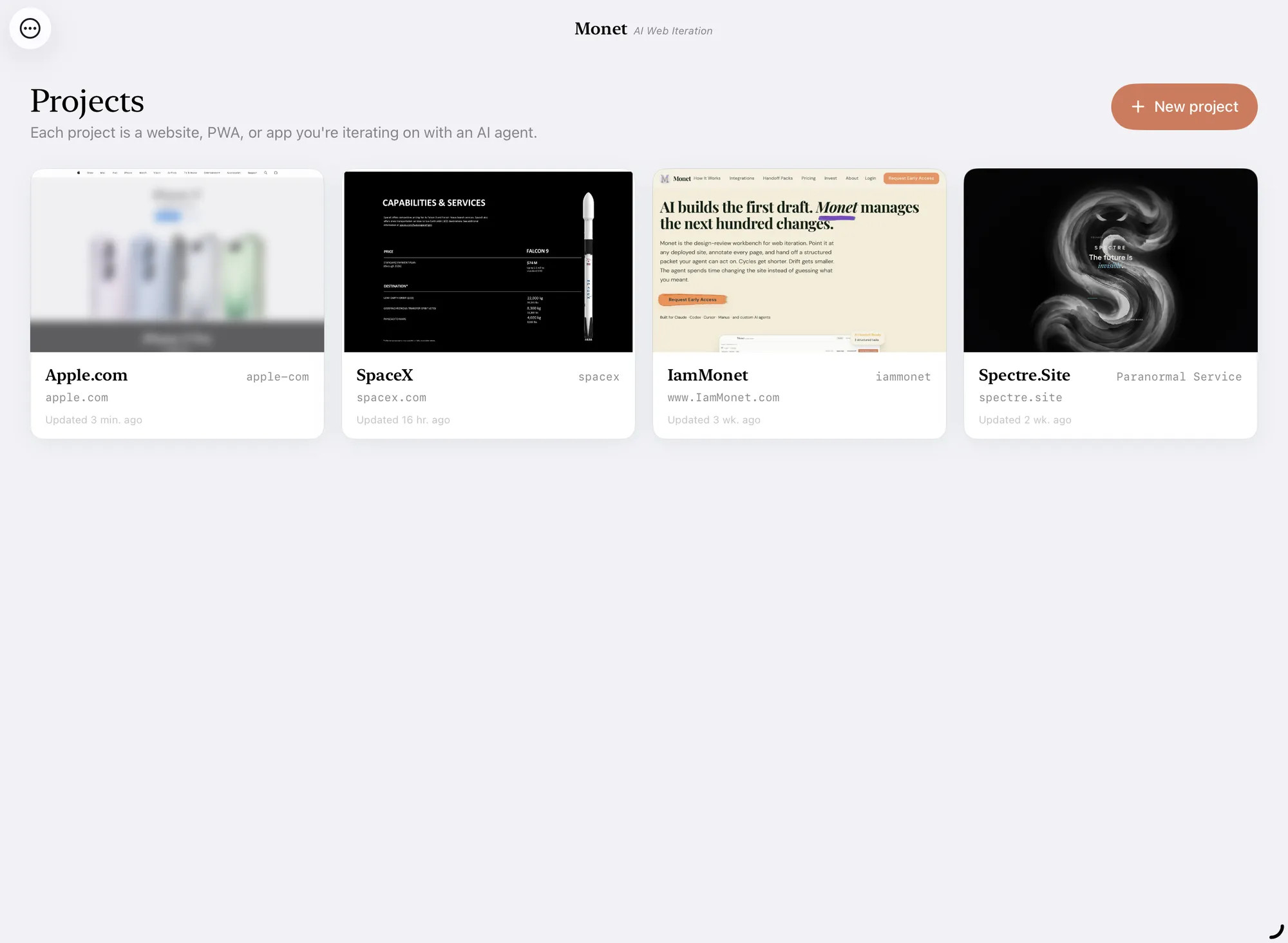 Monet's Projects screen on iPad: cards for Apple.com, SpaceX, IamMonet, and Spectre.Site, each with a live thumbnail and a last-updated time.