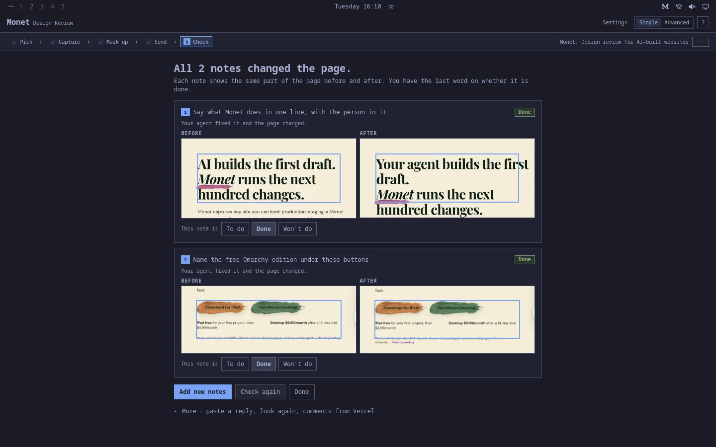 The Check step: both notes on iammonet.com shown before and after the agent's fix, with the headline rewritten.