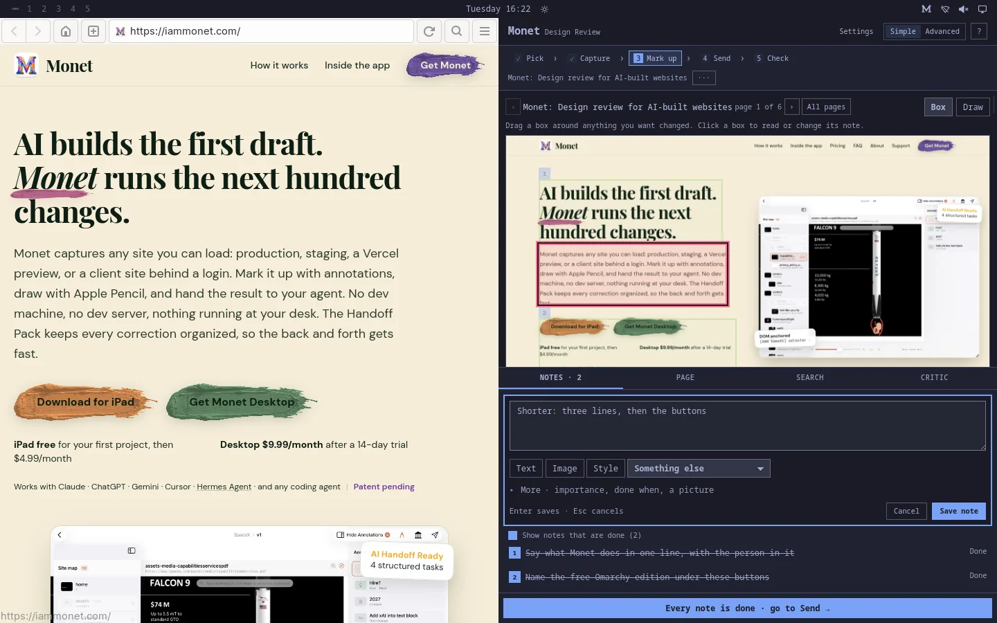 Monet in a half-width tile beside a browser showing the same site: the note being written sits in the panel under the page picture.