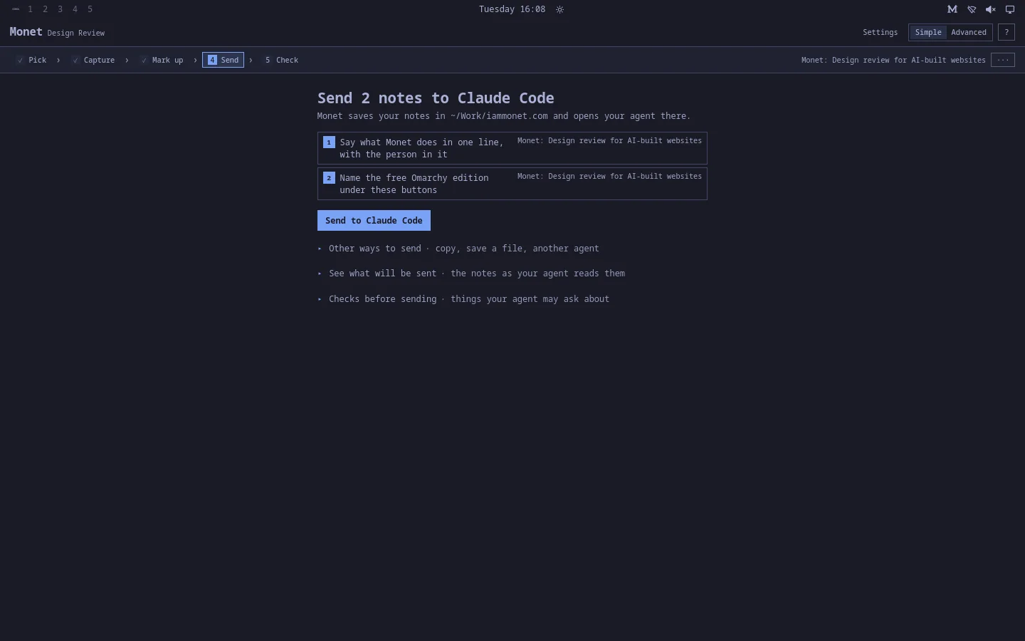 The Send step: two notes about iammonet.com about to go to Claude Code, the agent chosen in Omarchy.
